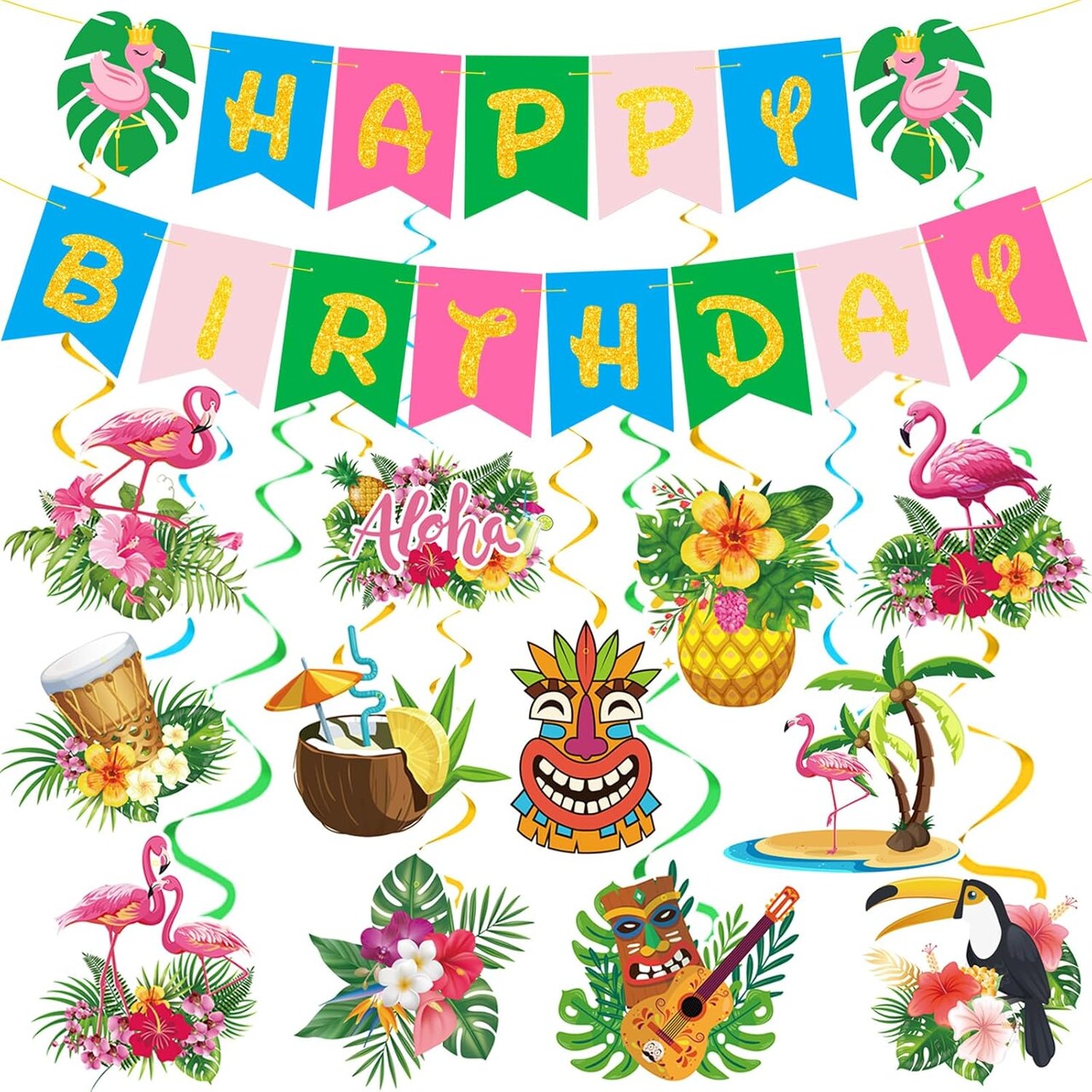 Hawaiian Aloha Party Banner Decorations, Aloha Flamingo Birthday Banner Garland with 12pcs Luau Pineapple Hanging Swirls Banners, Tropical Tiki Summer Beach Pool Birthday Party Decorations